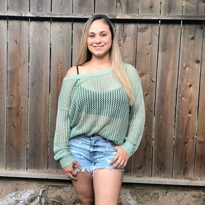 Open Knit Cross Back Sweater - Sage Green